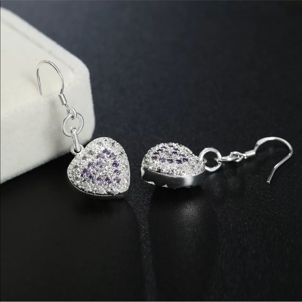 Sterling Silver Heart Amethyst Crystal Earrings NEW - Picture 5 of 6